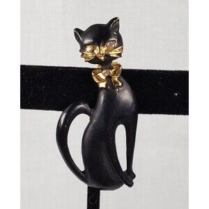 Vintage 1960s Siamese Black Cat Matte Enamel Rhinestone Eyes Goldtone Bow Brooch